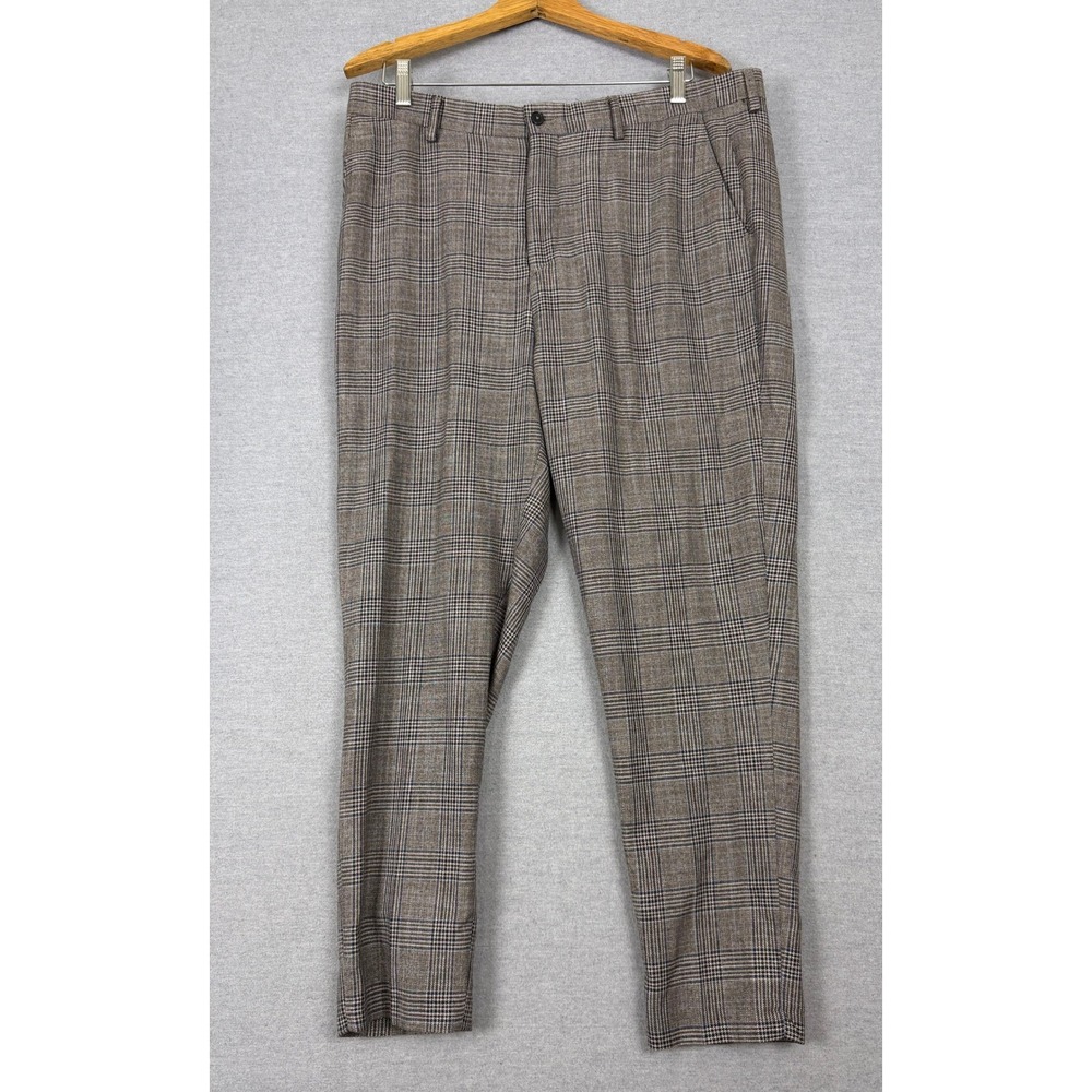 Zara Man Plaid Trousers Mens 34 Brown Blue Glen Check Slim Fit Dress Pants